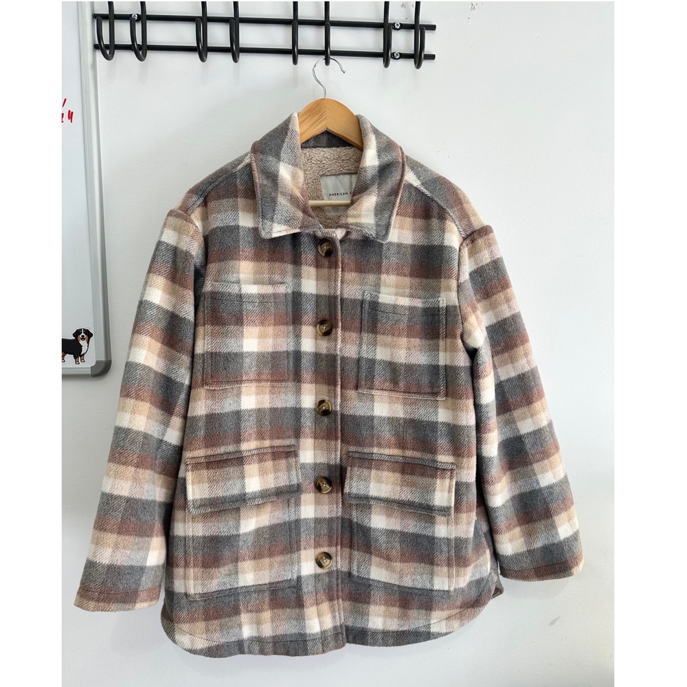 American Eagle Plaid Sherpa Lined Shacket Brown Grey Wool Blend Jacket Medium